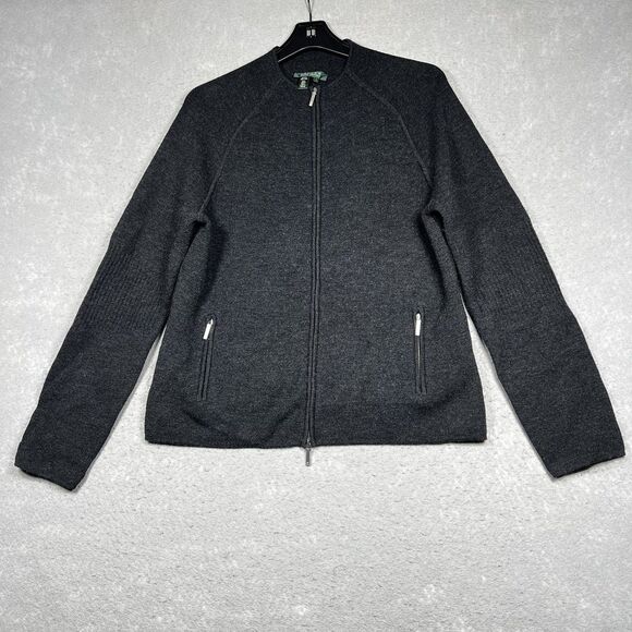 VTG 90’s Ralph Lauren Zip Cardigan L Gray Mock Neck Sweater 100% Merino Wool - Picture 1 of 9